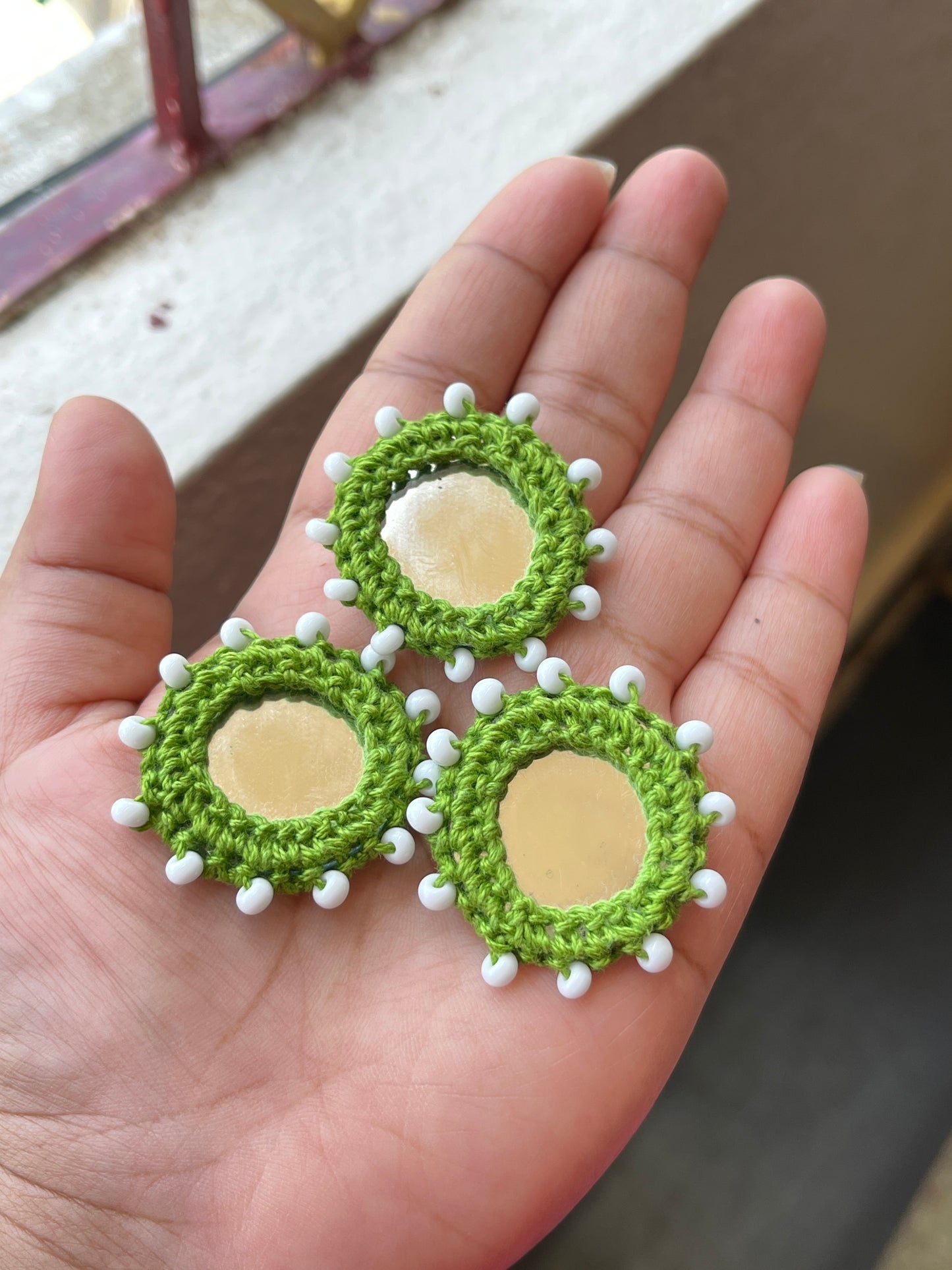 GREEN Beaded Mirror Buttons