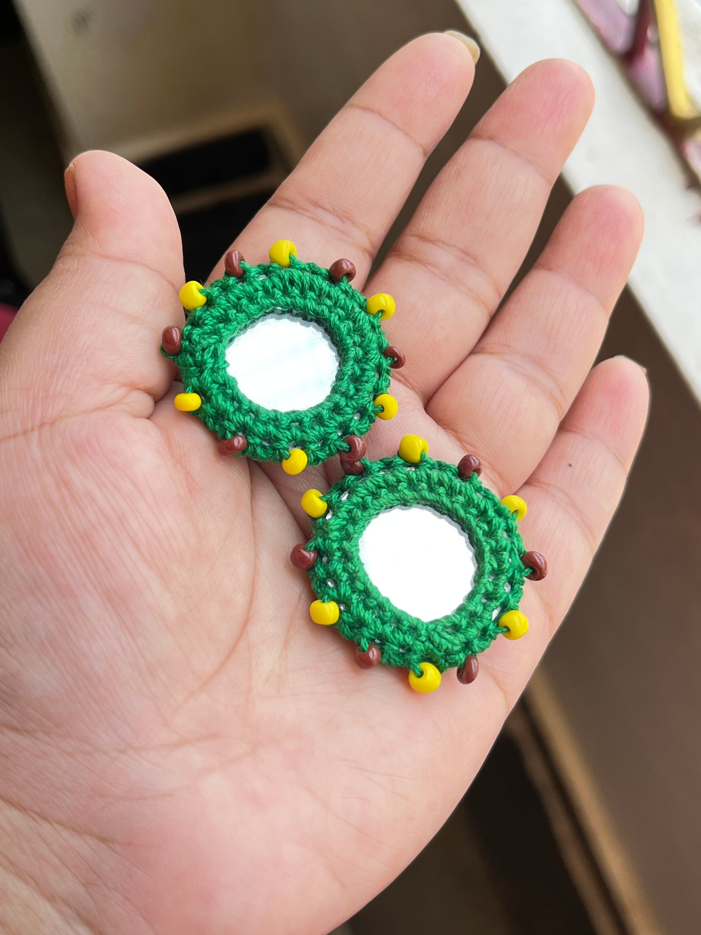 GREEN Beaded Mirror Buttons