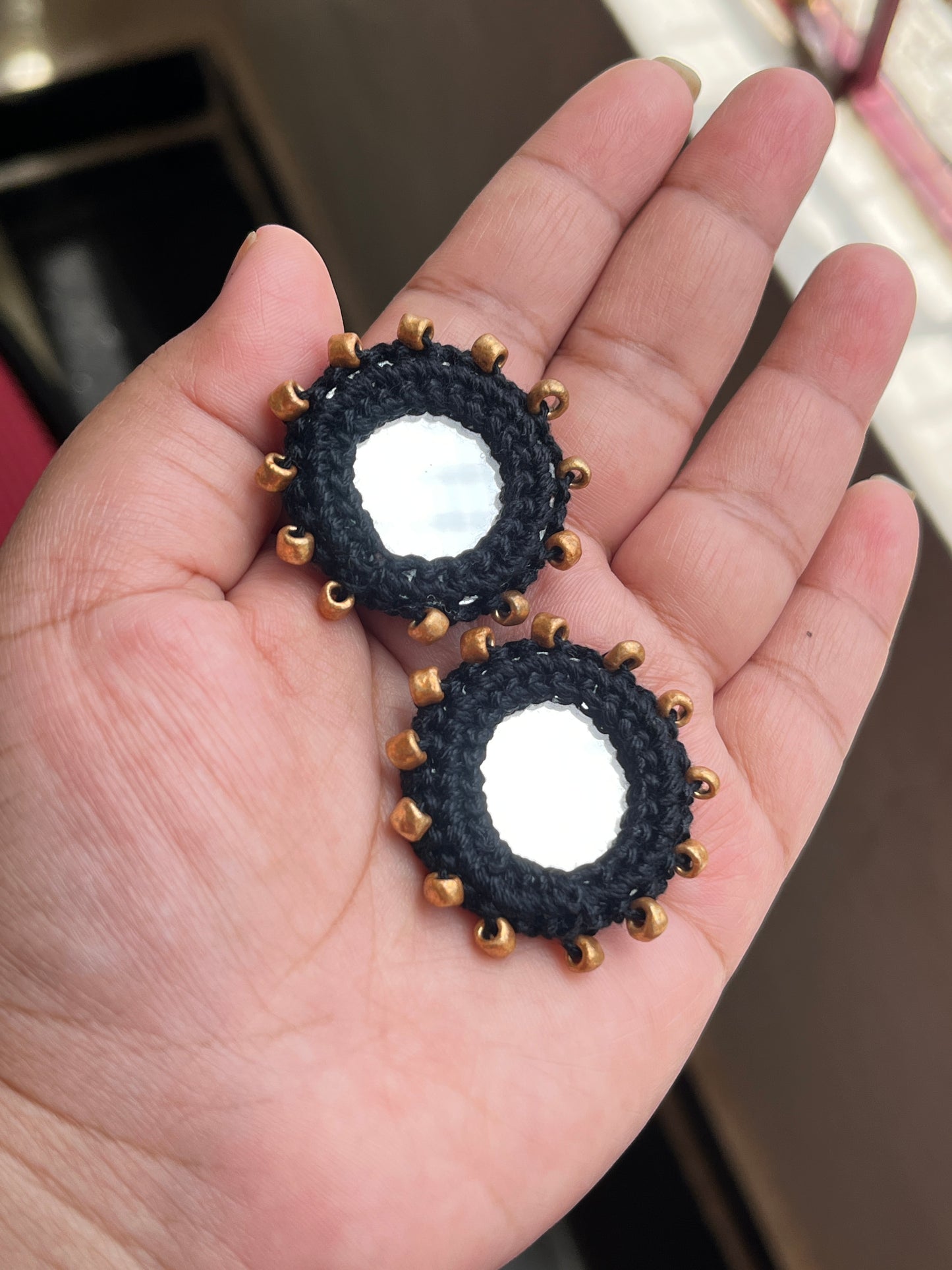 BLACK Beaded Mirror Buttons