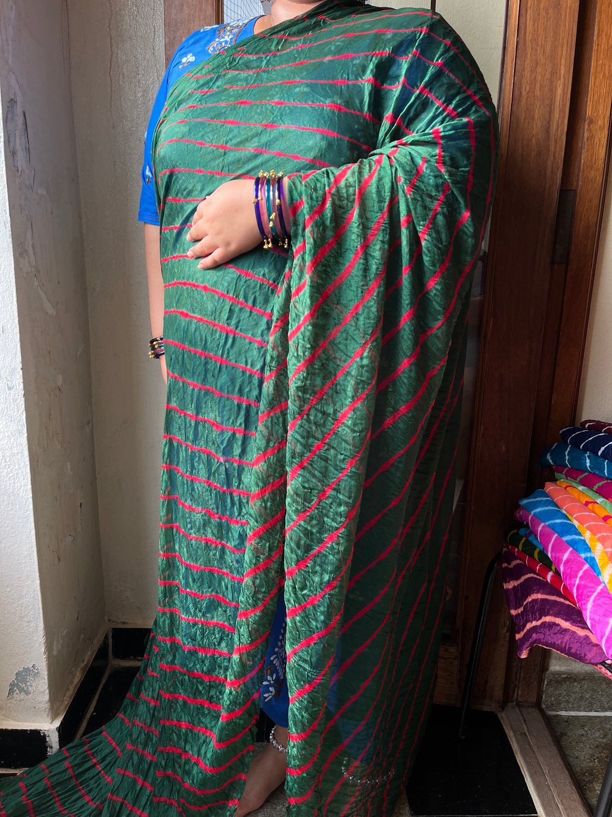 DARK GREEN Lehariya Saree
