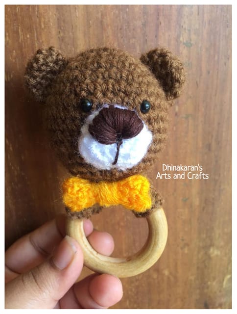 Brown Teddy Bear Crochet Baby Ring Rattle