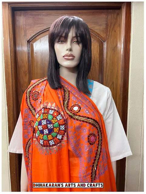 Traditional Kutchwork Dupatta - ORANGE