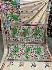 Parrot Theme Kanthawork Saree - BEIGE